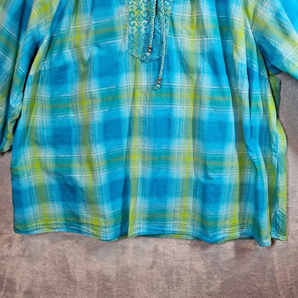 Catherines Plaid Peasant Top Womens 3X Turquoise Green silver Embroidery peasant - Picture 11 of 13